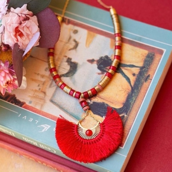 Sezane Jewelry - Sezane Fan Necklace in Red, Coral and Antique Gold. New!